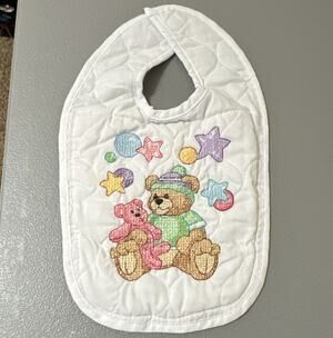 White & Pink Baby Bib, Teddy Bear Theme, Multicolor Embroider or needlepoint